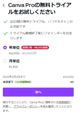 CanvaProキャンバプロの無料トライヤル登録方法